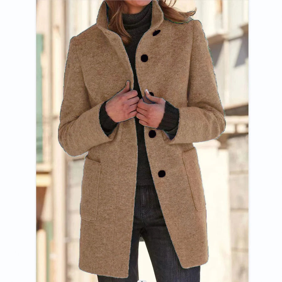 Tailored Wool Blend Coat with Stand Collar and Pockets 6