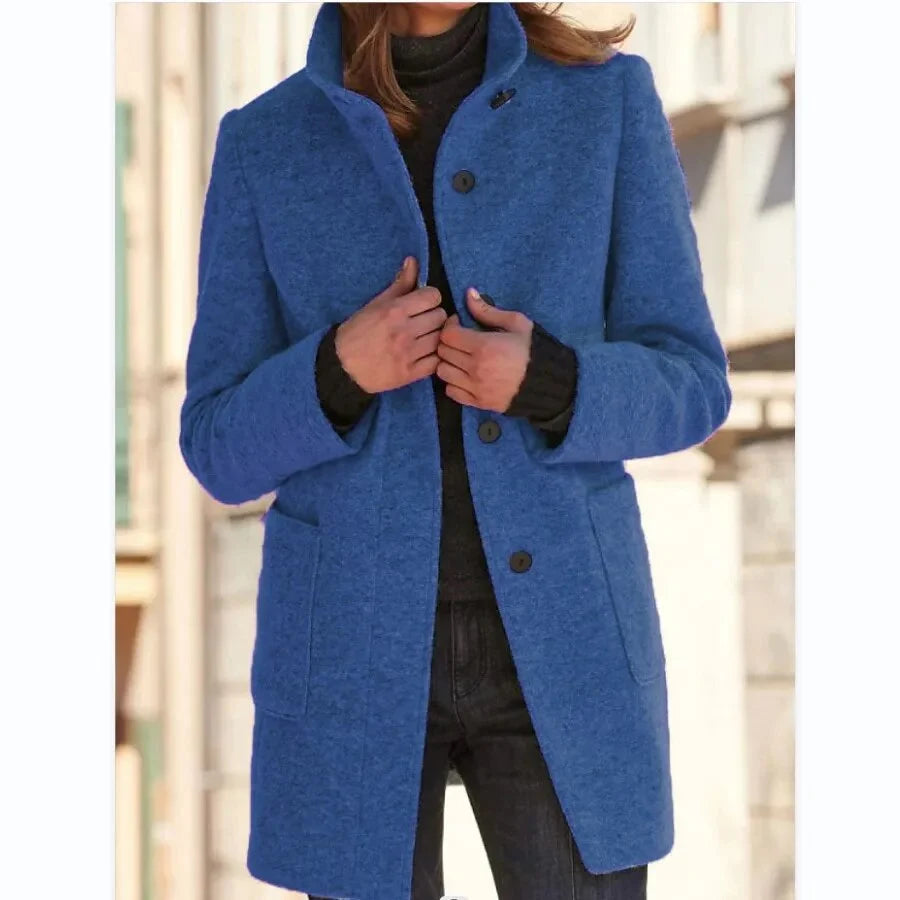 Tailored Wool Blend Coat with Stand Collar and Pockets 1