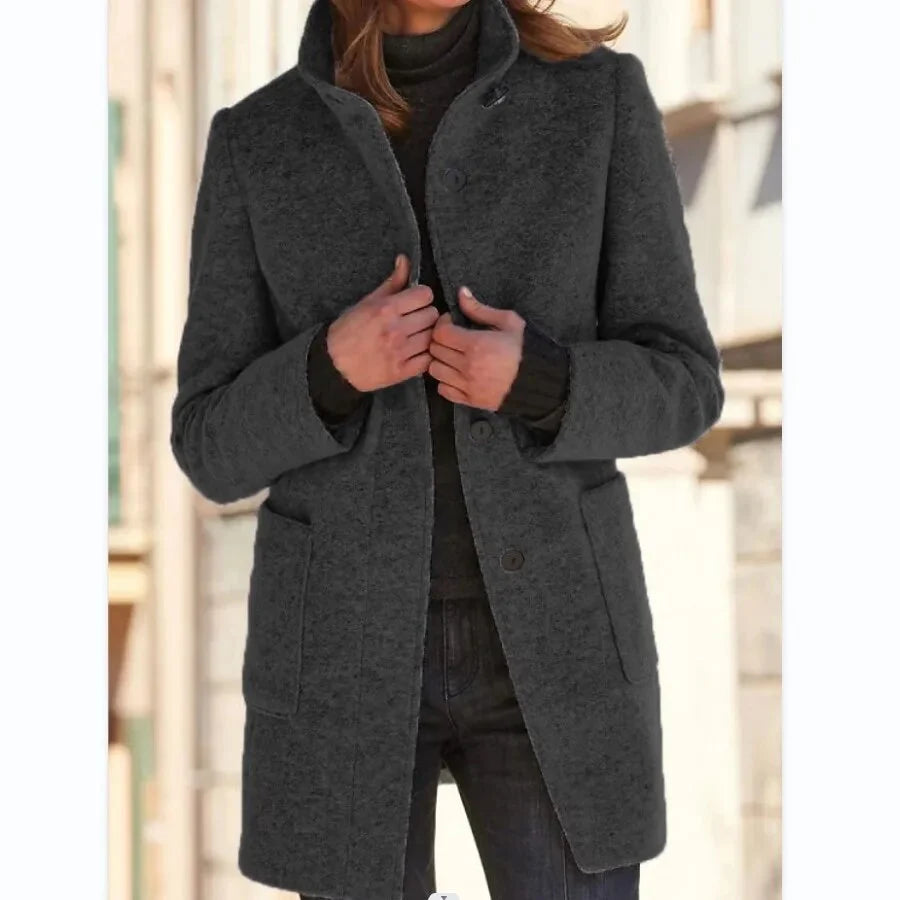 Tailored Wool Blend Coat with Stand Collar and Pockets 3
