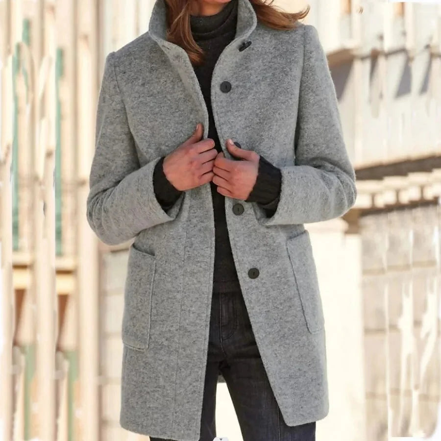 Tailored Wool Blend Coat with Stand Collar and Pockets 0