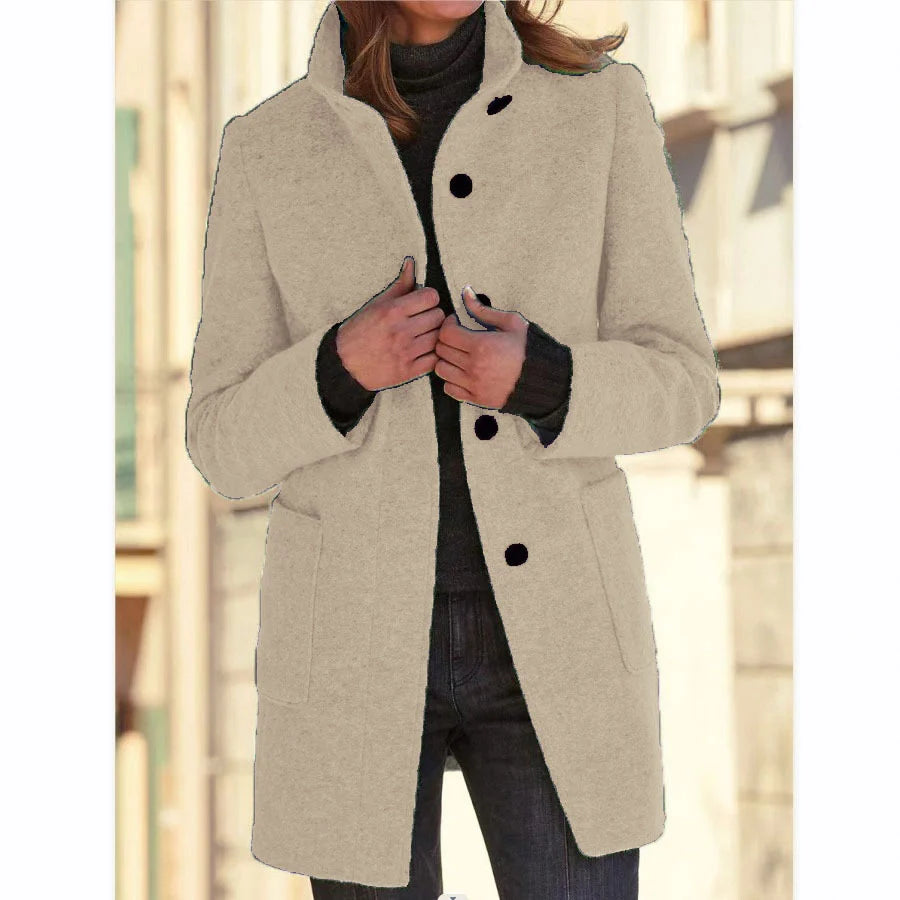 Tailored Wool Blend Coat with Stand Collar and Pockets 7