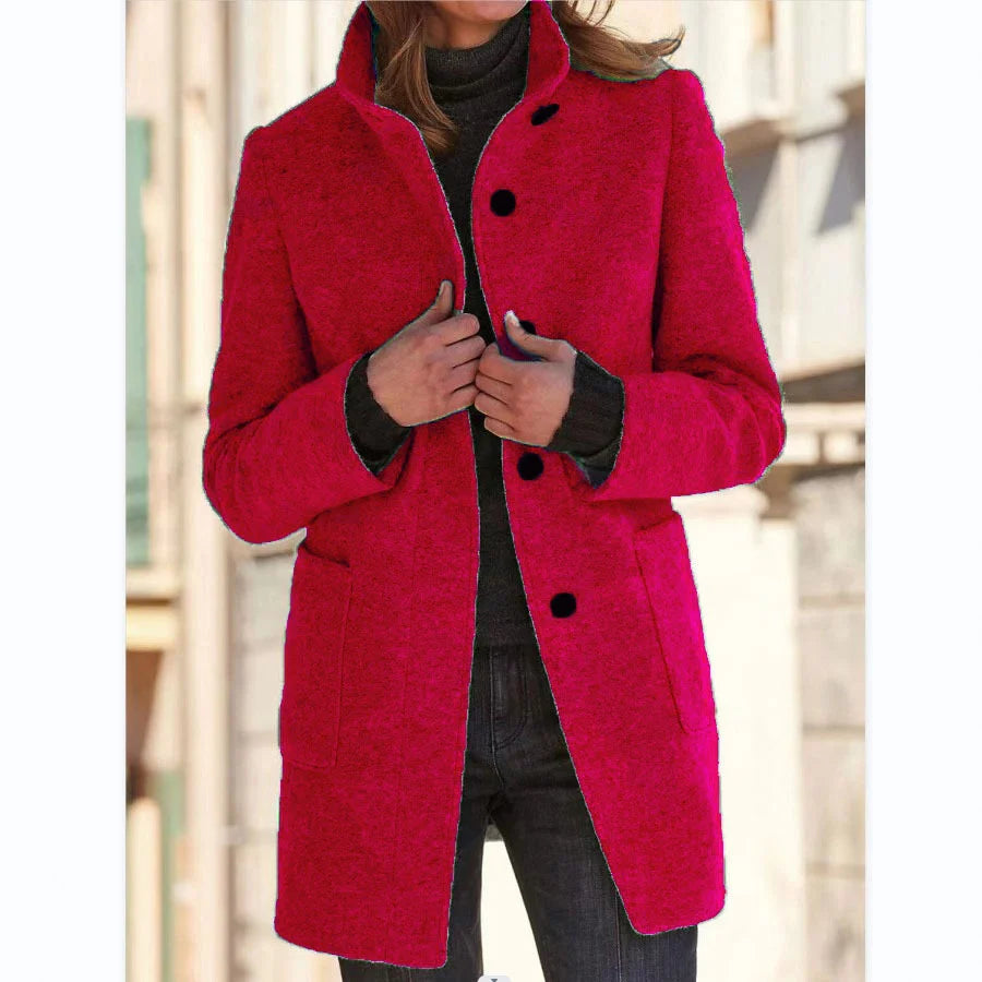 Tailored Wool Blend Coat with Stand Collar and Pockets 11