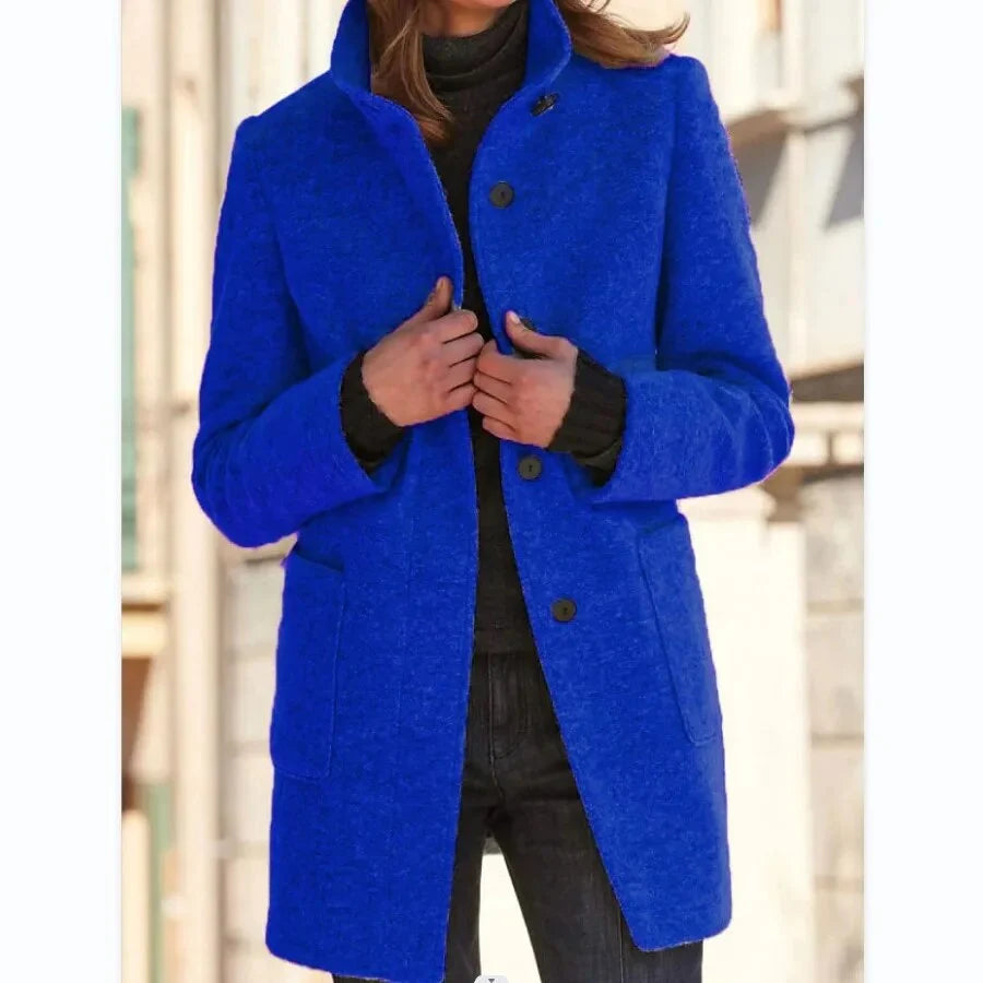 Tailored Wool Blend Coat with Stand Collar and Pockets 2