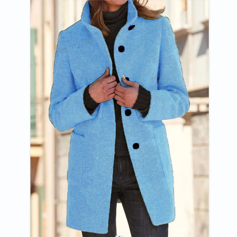 Tailored Wool Blend Coat with Stand Collar and Pockets 12