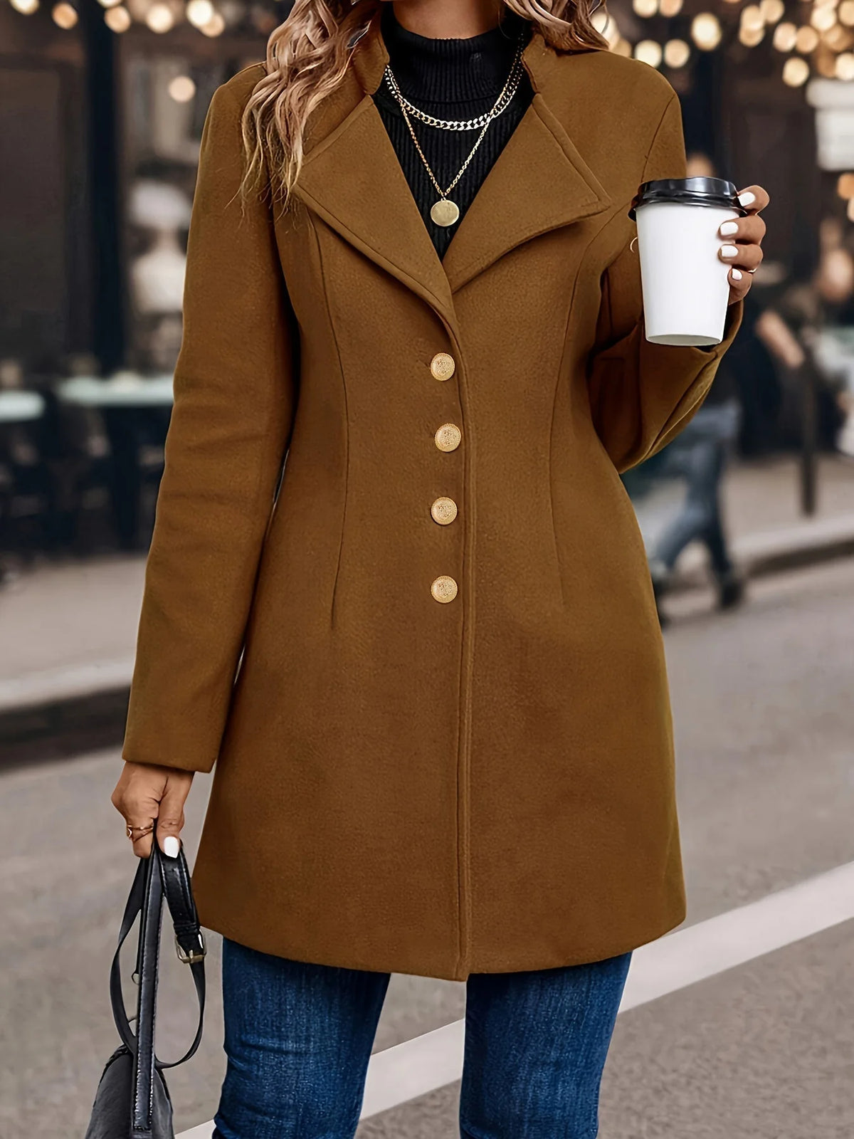 Tailored Wool Coat with Gold Buttons and Wide Collar 0