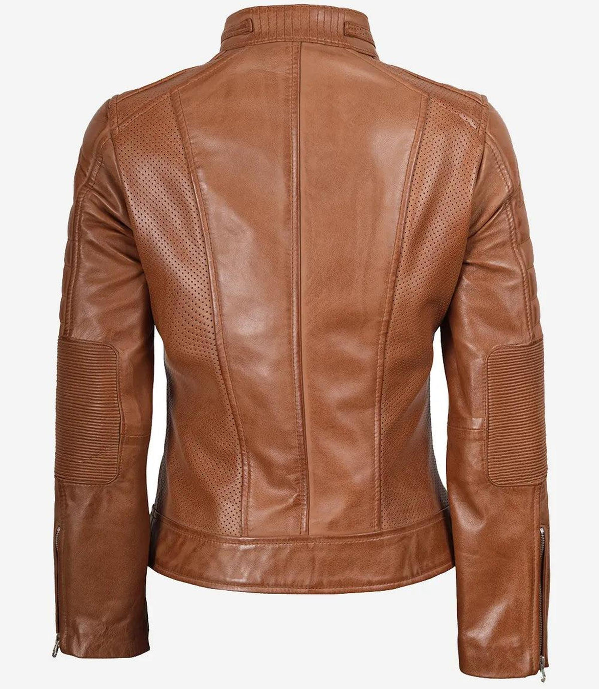 Tan Lambskin Leather Biker Jacket for Women-Leather Jackets-Glompi-Glompi