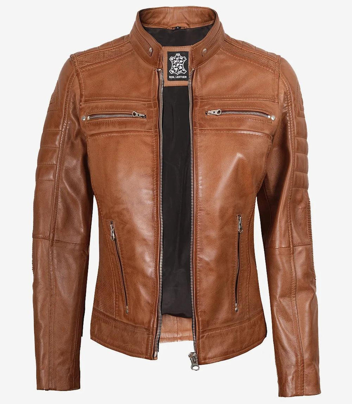 Tan Lambskin Leather Biker Jacket for Women-Leather Jackets-Glompi-Glompi
