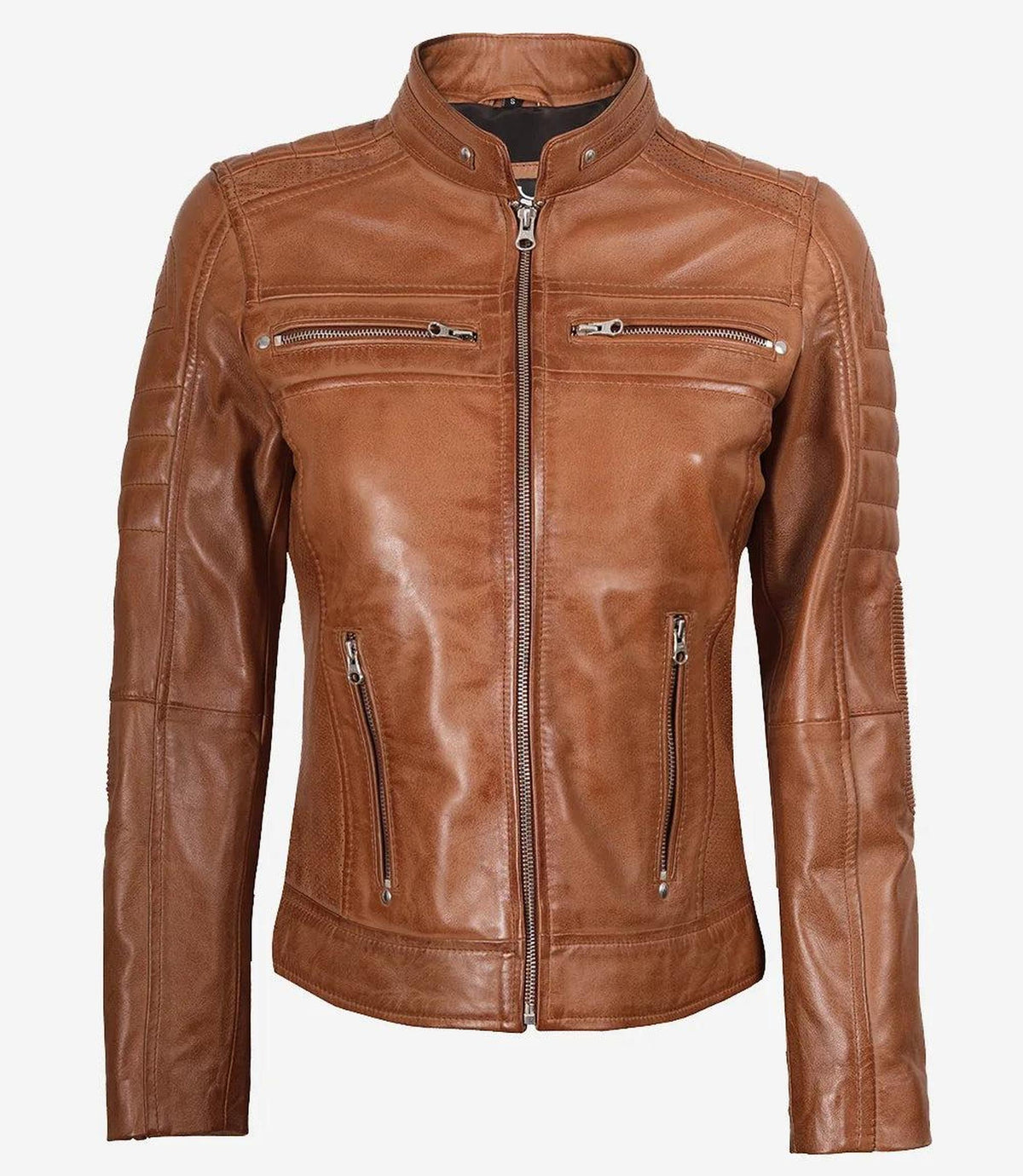 Tan Lambskin Leather Biker Jacket for Women-Leather Jackets-Glompi-Glompi