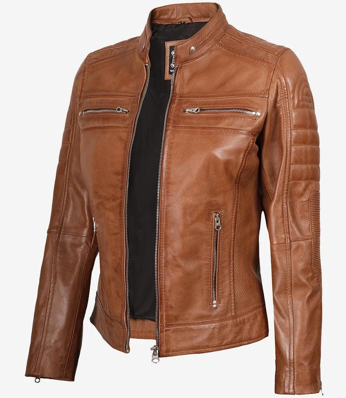 Tan Lambskin Leather Biker Jacket for Women-Leather Jackets-Glompi-S-Glompi