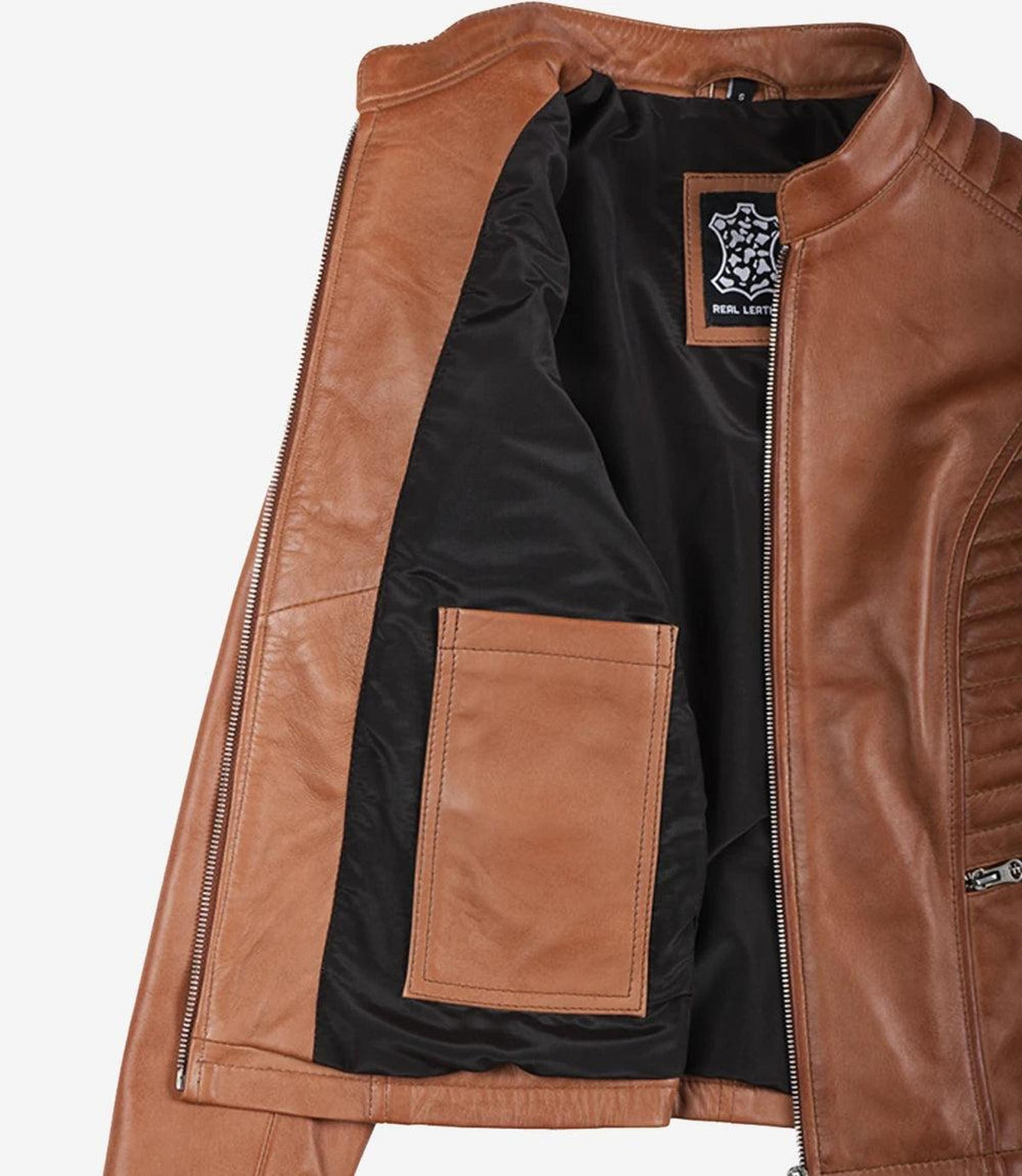 Tan Lambskin Leather Biker Jacket with Padded Shoulders-Leather Jackets-Glompi-Glompi