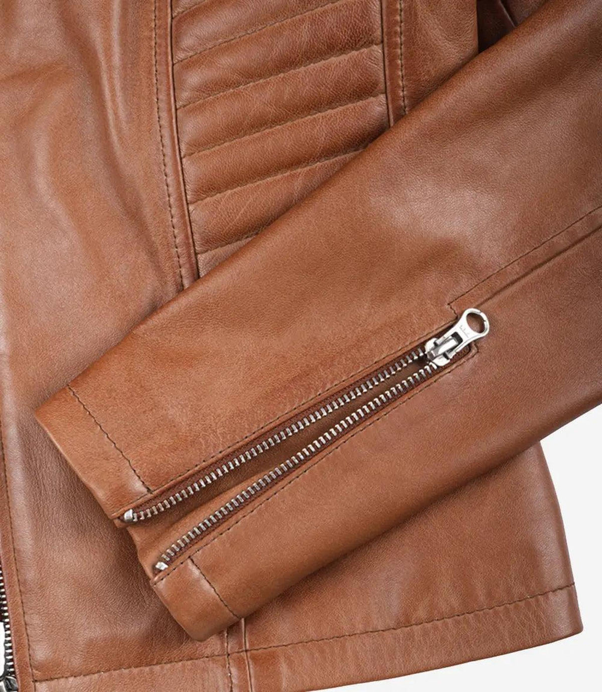 Tan Lambskin Leather Biker Jacket with Padded Shoulders-Leather Jackets-Glompi-Glompi