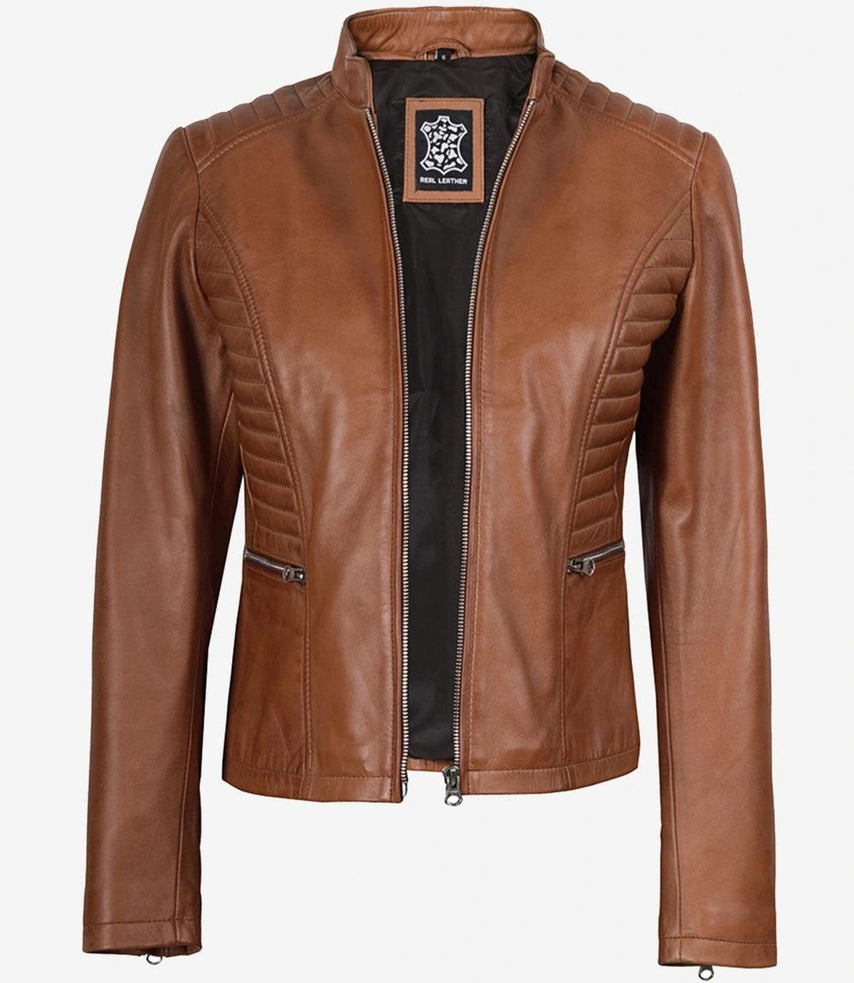 Tan Lambskin Leather Biker Jacket with Padded Shoulders-Leather Jackets-Glompi-Glompi