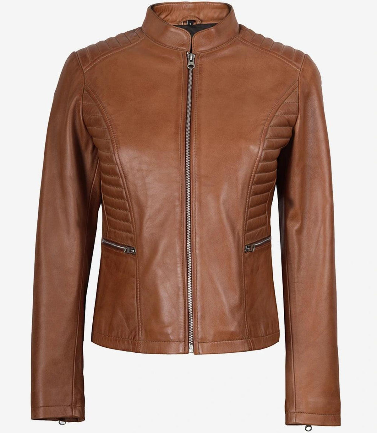 Tan Lambskin Leather Biker Jacket with Padded Shoulders-Leather Jackets-Glompi-Glompi