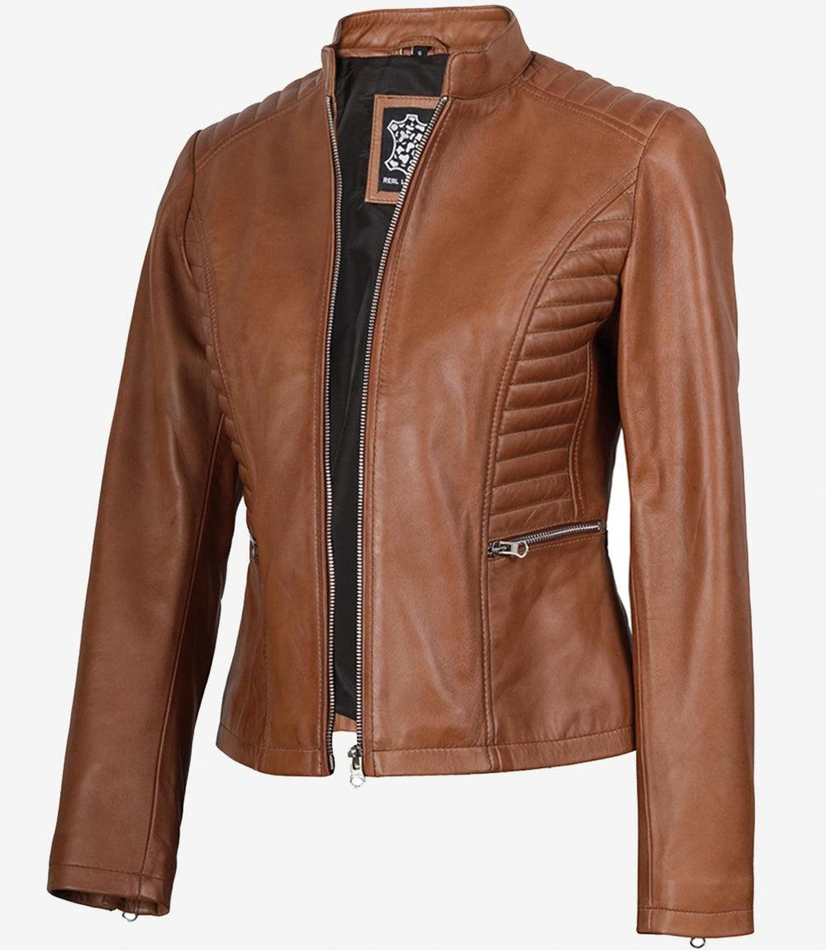 Tan Lambskin Leather Biker Jacket with Padded Shoulders-Leather Jackets-Glompi-XS-Glompi