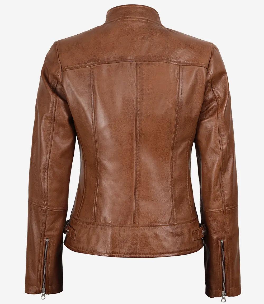 Tan Waxed Leather Biker Jacket for Women-Leather Jackets-Glompi-XS-Glompi