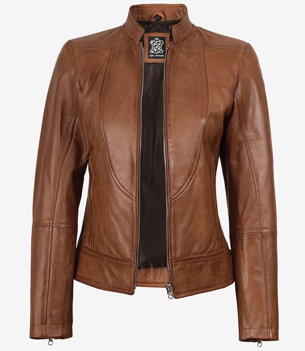 Tan Waxed Leather Biker Jacket for Women-Leather Jackets-Glompi-Glompi