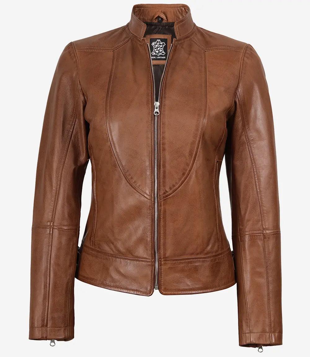 Tan Waxed Leather Biker Jacket for Women-Leather Jackets-Glompi-Glompi