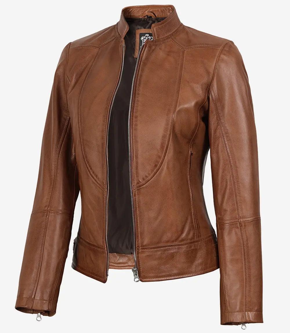Tan Waxed Leather Biker Jacket for Women-Leather Jackets-Glompi-XS-Glompi