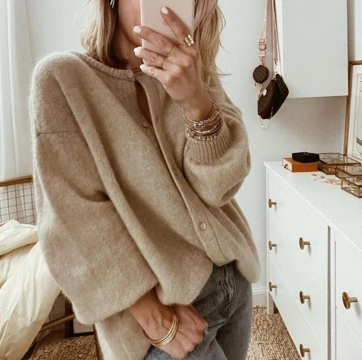 Taupe Oversized Knit Cardigan with Button Front 1