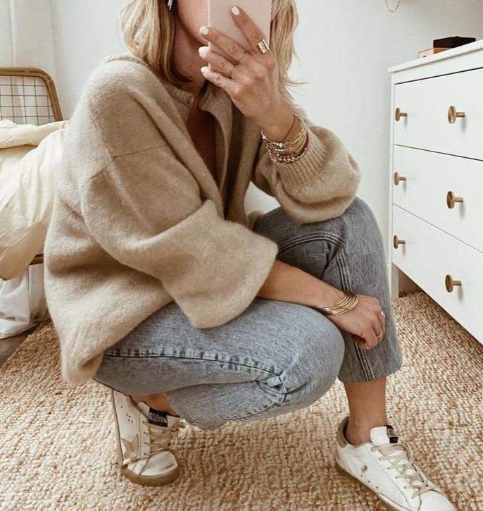 Taupe Oversized Knit Cardigan with Button Front 2