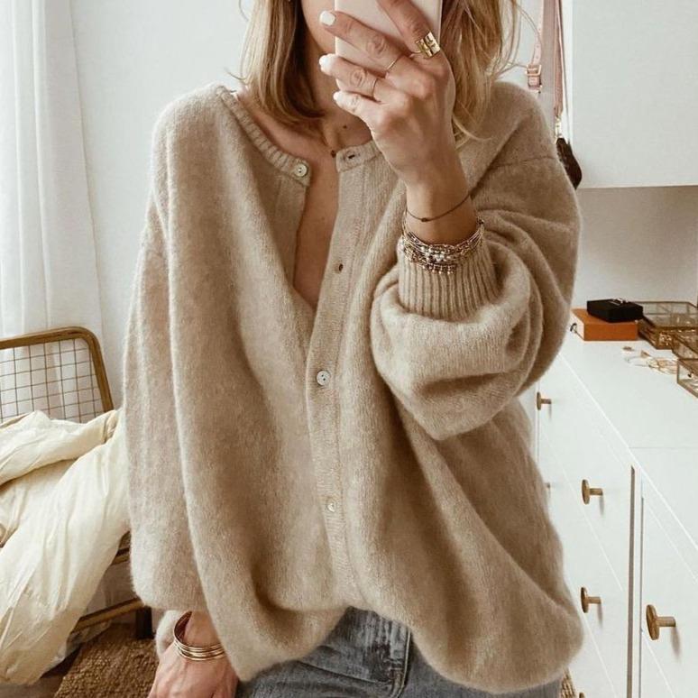 Taupe Oversized Knit Cardigan with Button Front 0