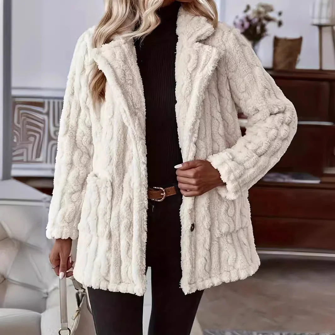Teddy Winter Coat for Women with Cable Texture and Wide Collar 0