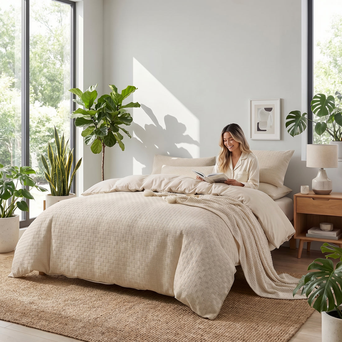 Tessera Waffle Jacquard Duvet Cover Set-Duvet Covers-Glompi-Twin Size - fits 47" in (1.2m) width beds-Glompi