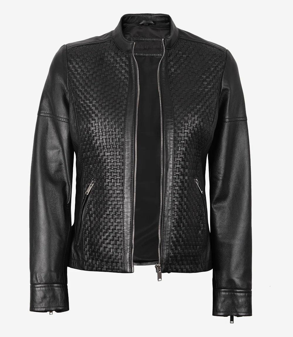 Textured Black Leather Motorcycle Jacket with Mandarin Collar-Leather Jackets-Glompi-Glompi