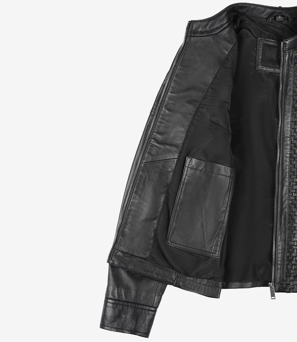 Textured Black Leather Motorcycle Jacket with Mandarin Collar-Leather Jackets-Glompi-Glompi