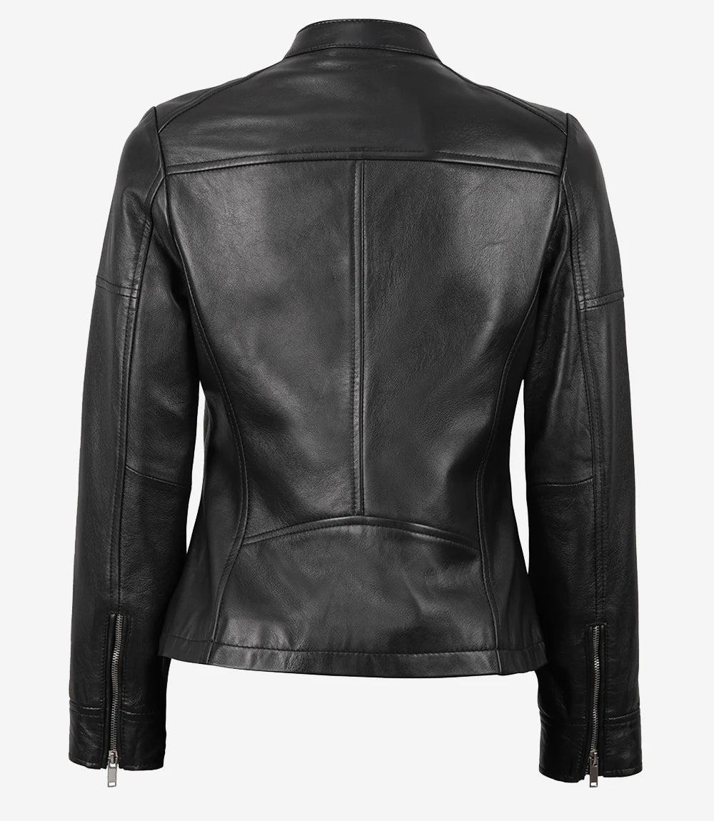 Textured Black Leather Motorcycle Jacket with Mandarin Collar-Leather Jackets-Glompi-Glompi