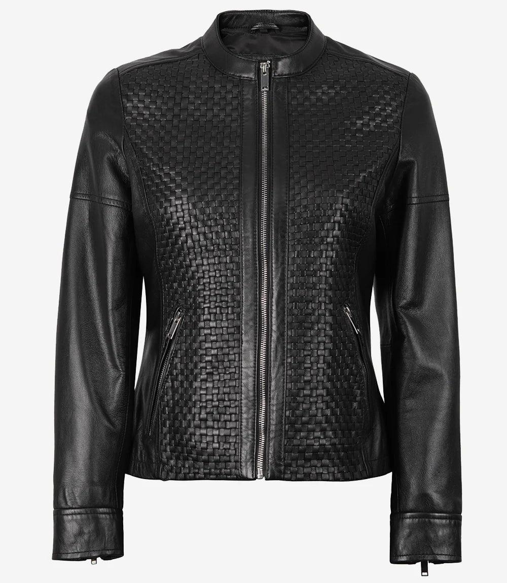 Textured Black Leather Motorcycle Jacket with Mandarin Collar-Leather Jackets-Glompi-Glompi