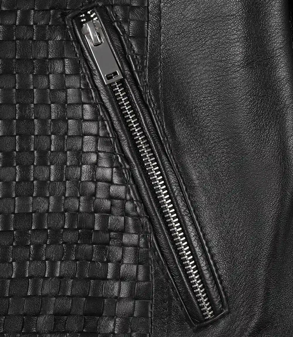 Textured Black Leather Motorcycle Jacket with Mandarin Collar-Leather Jackets-Glompi-Glompi