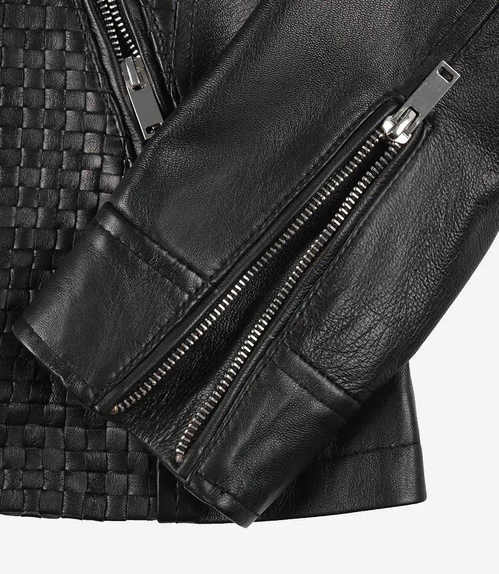 Textured Black Leather Motorcycle Jacket with Mandarin Collar-Leather Jackets-Glompi-Glompi