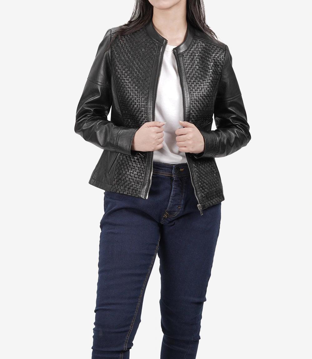 Textured Black Leather Motorcycle Jacket with Mandarin Collar-Leather Jackets-Glompi-Glompi