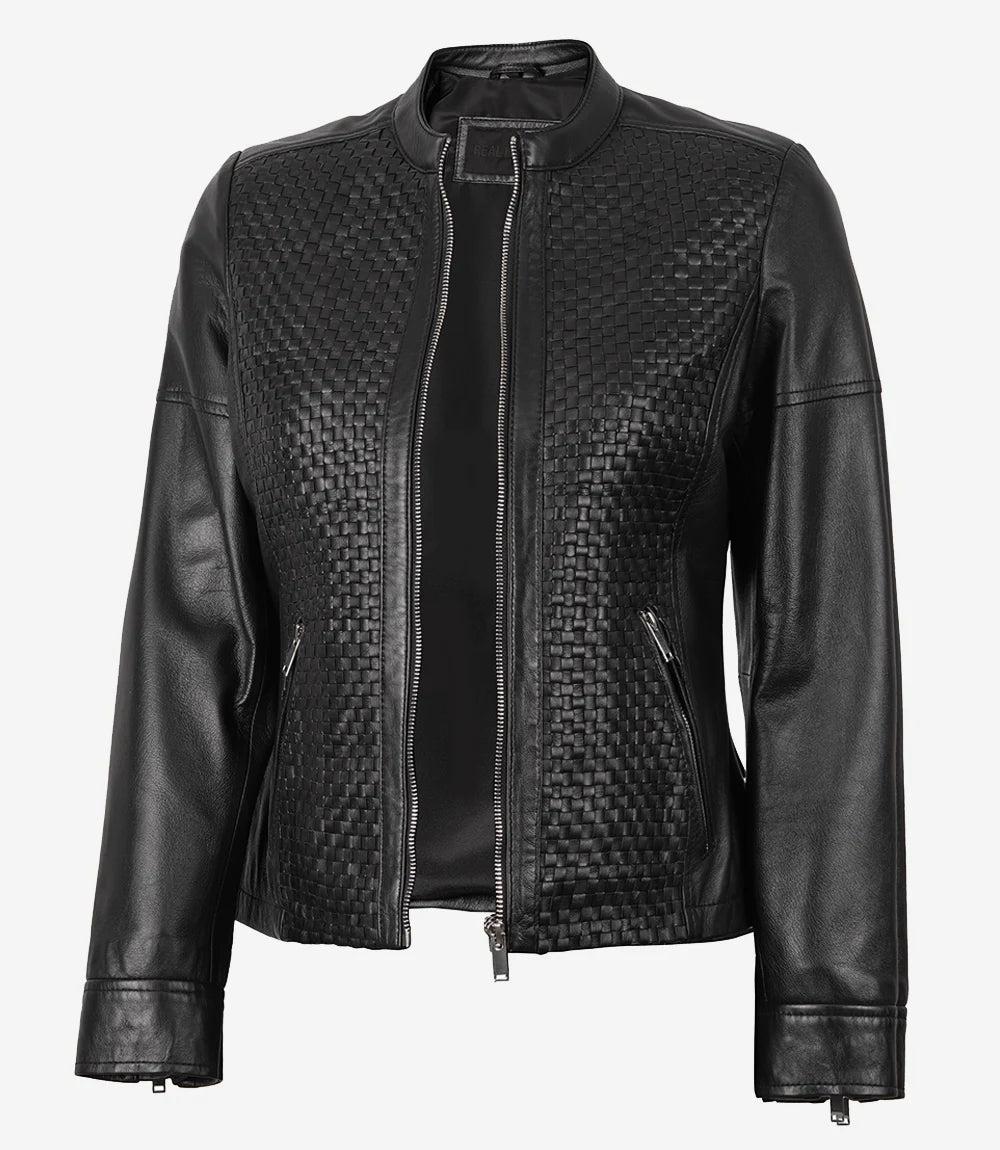 Textured Black Leather Motorcycle Jacket with Mandarin Collar-Leather Jackets-Glompi-XS-Glompi