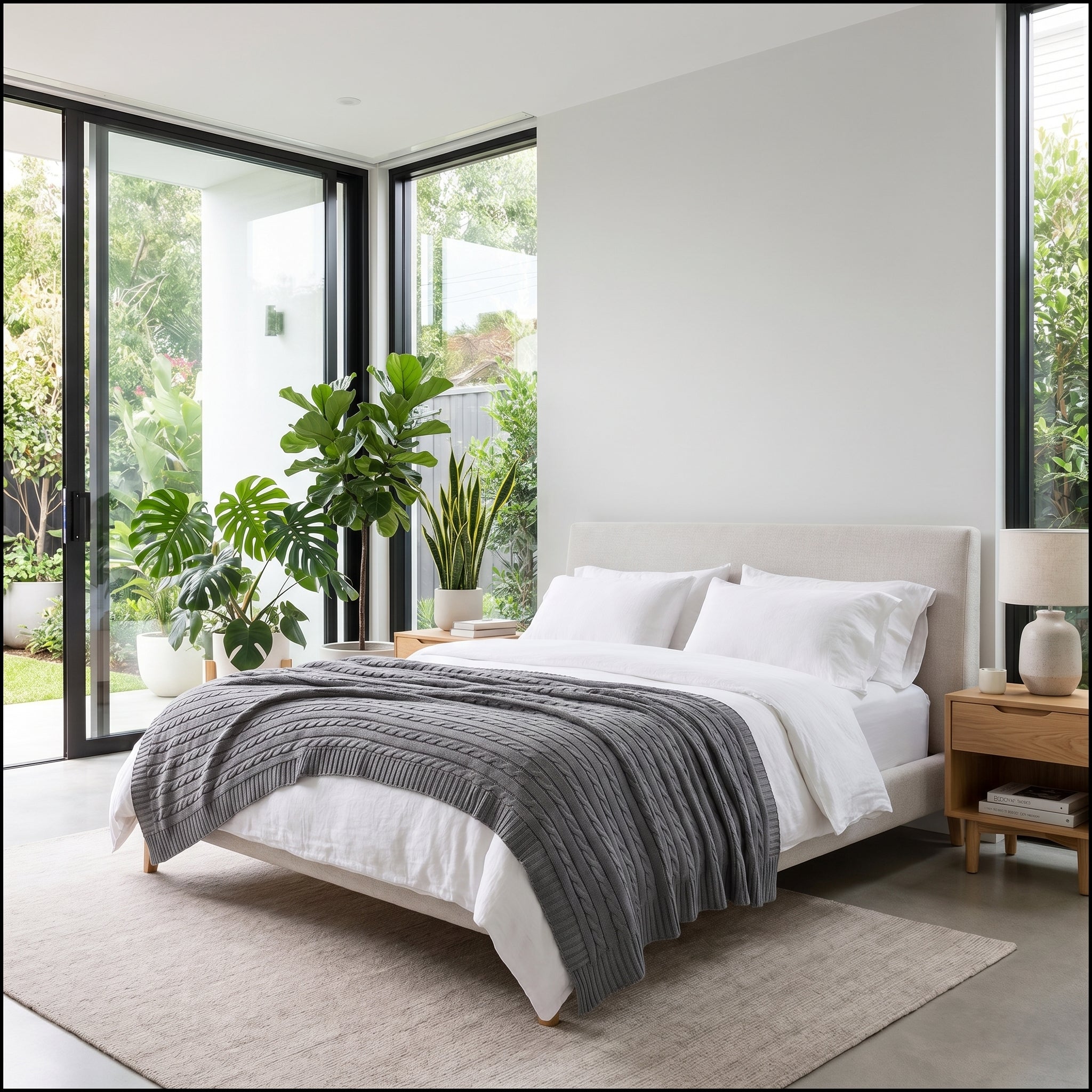 Gray textured cable knit cotton throw blanket draped over a white bed in a bright, modern bedroom.