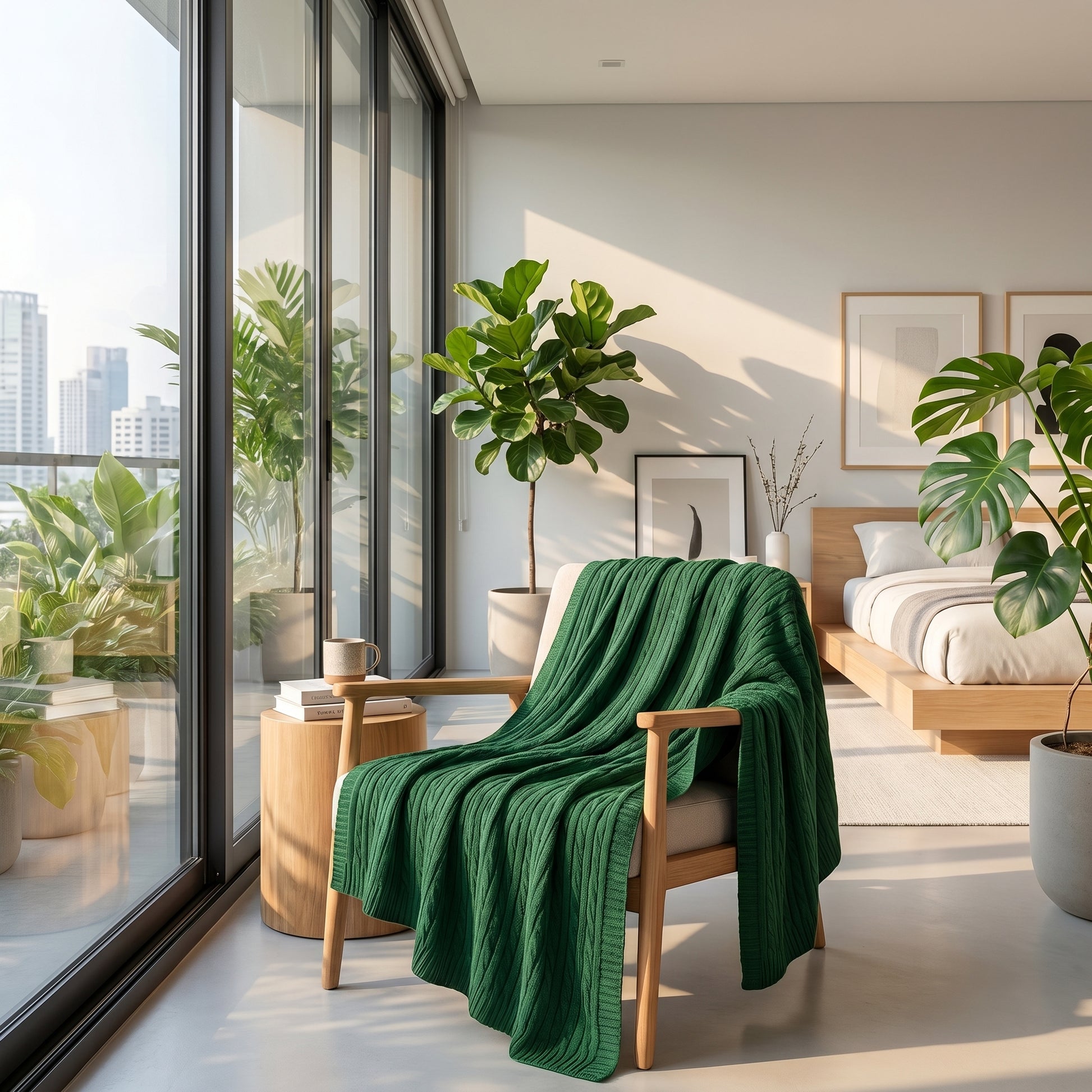 Green textured cable knit cotton throw blanket draped over a light wood armchair in a bright, modern bedroom.
