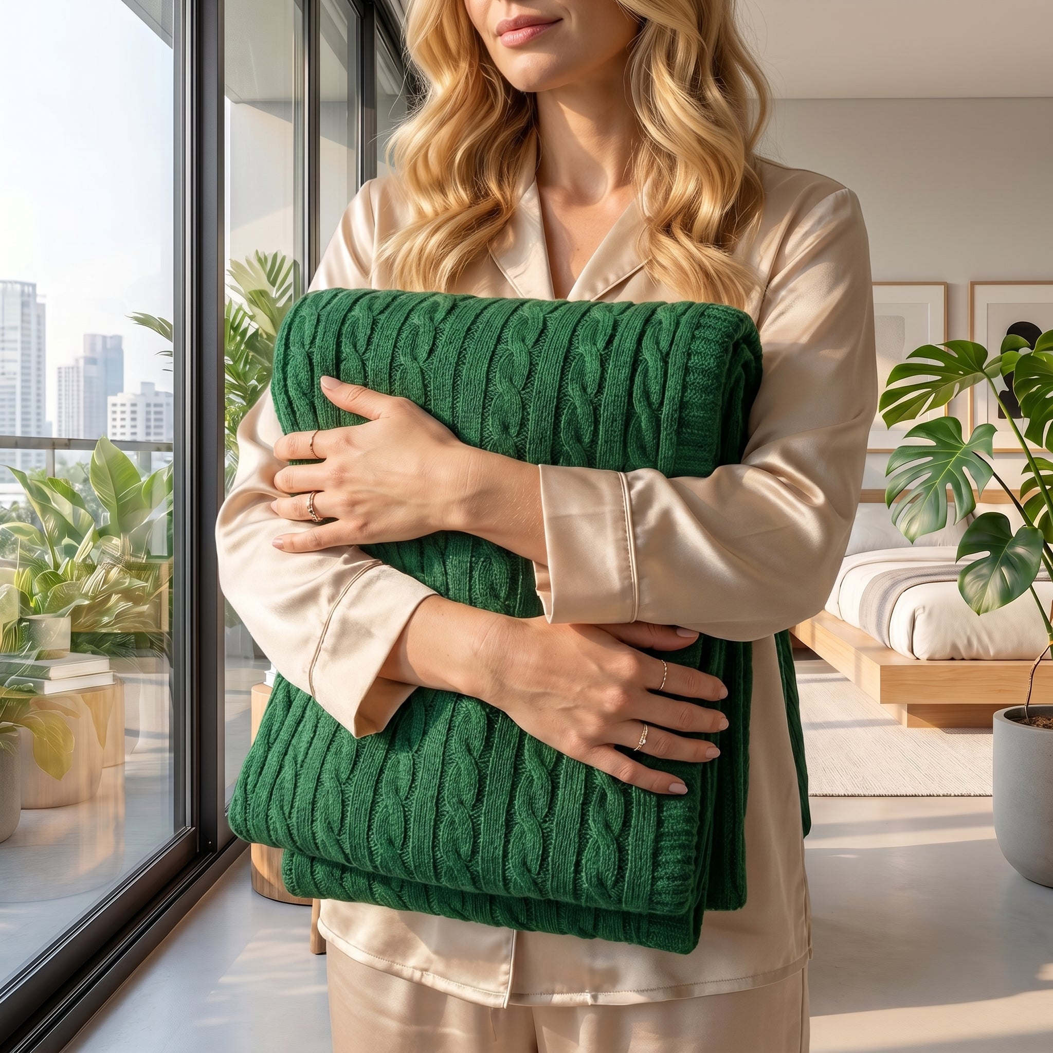 Blonde woman in silk pajamas holding a folded green textured cable knit cotton throw blanket.