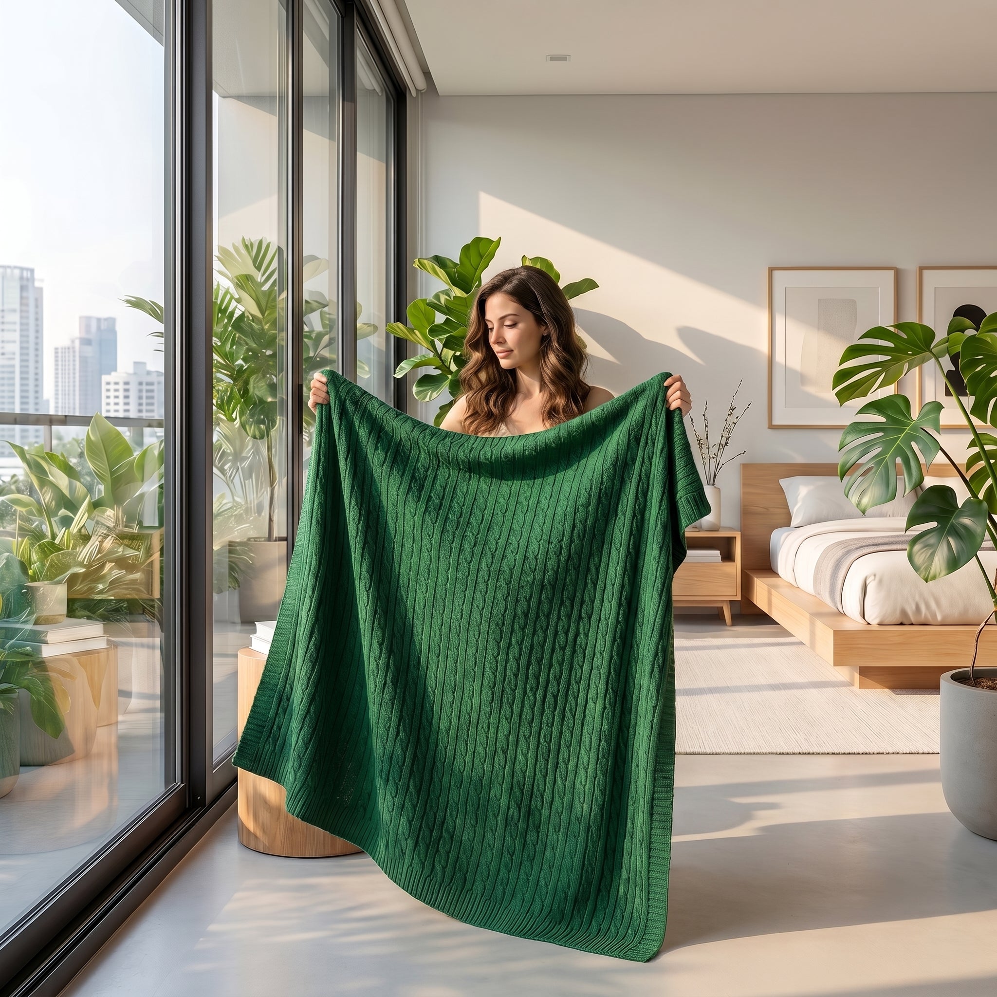 Woman holding a vibrant green textured cable knit cotton throw blanket in a bright, modern bedroom.