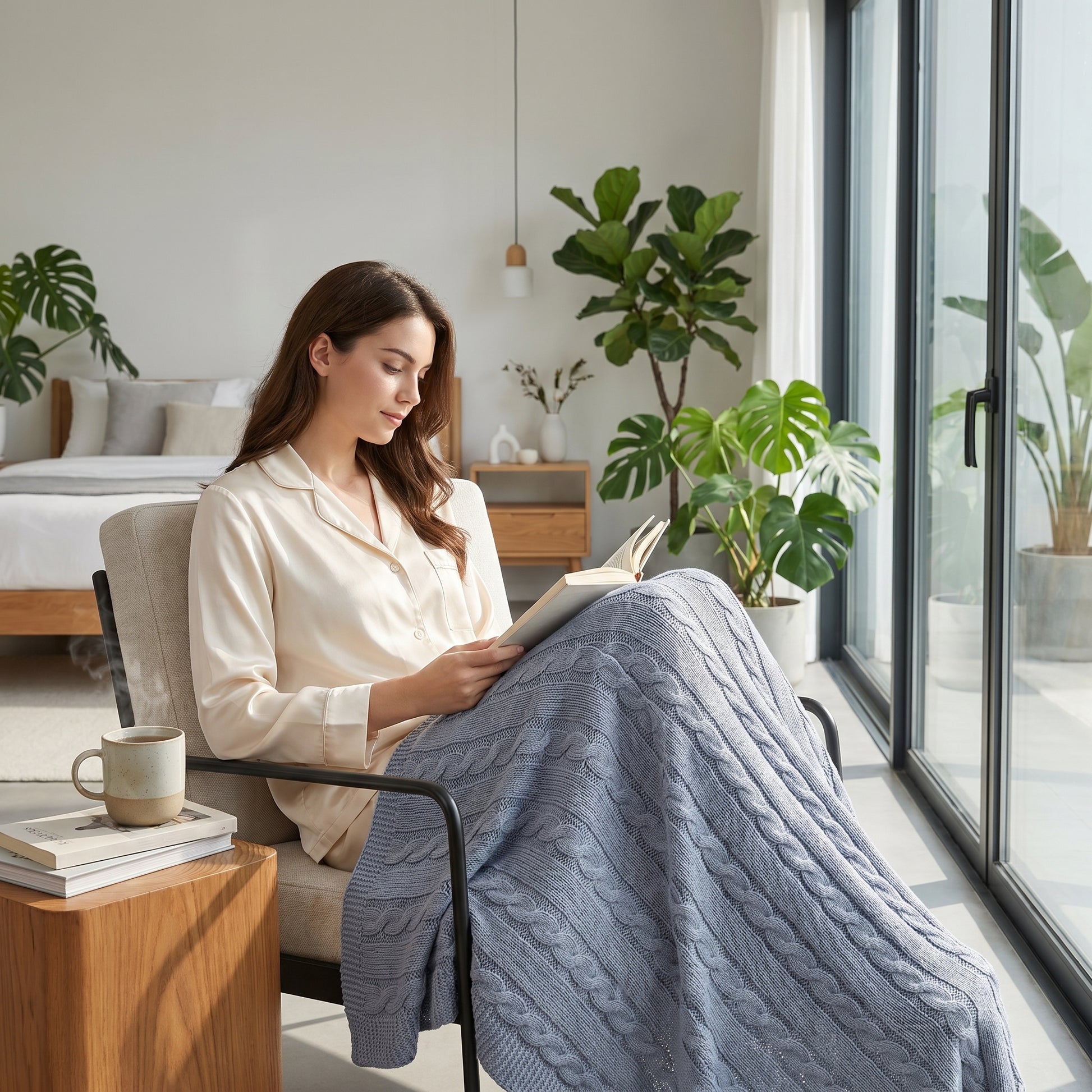 Woman relaxing in a chair, covered by a soft blue textured cable knit cotton throw blanket, reading a book.