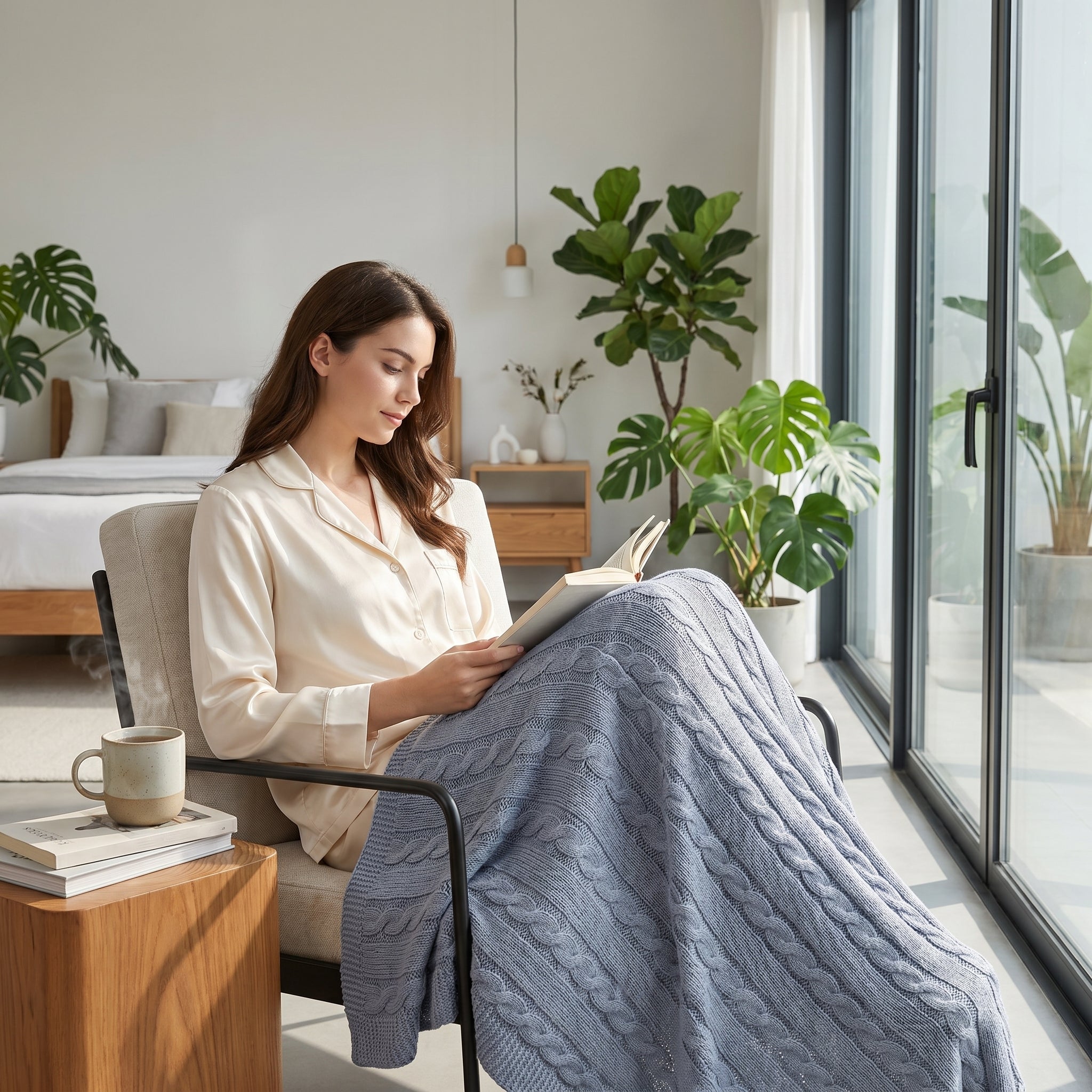 Woman relaxing in a chair, covered by a soft blue textured cable knit cotton throw blanket, reading a book.