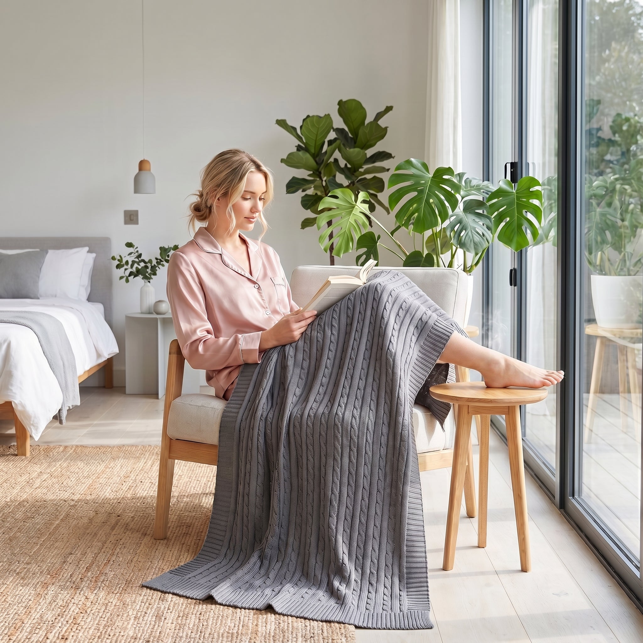 Woman in pink pajamas reading, cozy under a gray textured cable knit cotton throw blanket in a bright room.