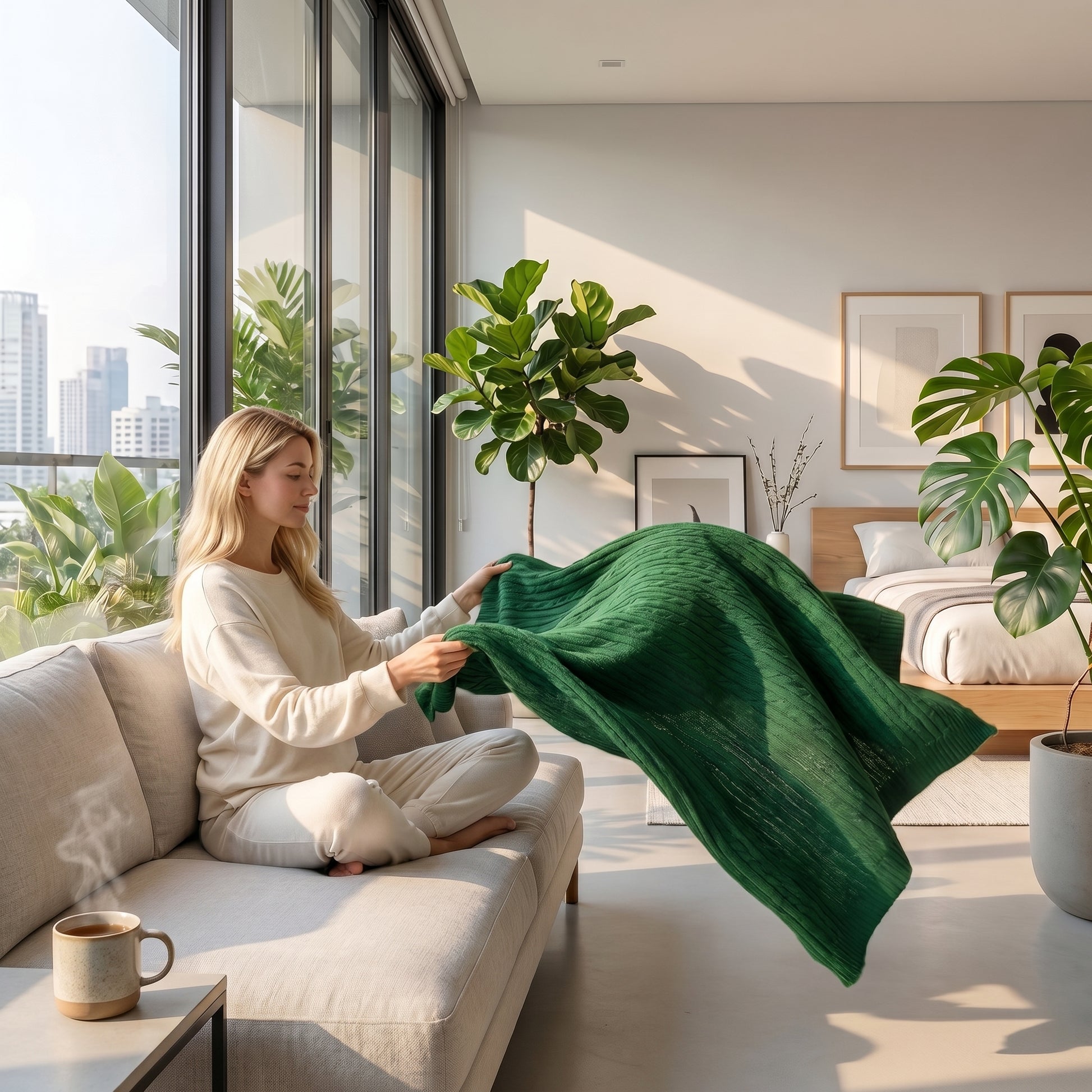 Blonde woman holding a vibrant green textured cable knit cotton throw blanket in a bright, modern living room.