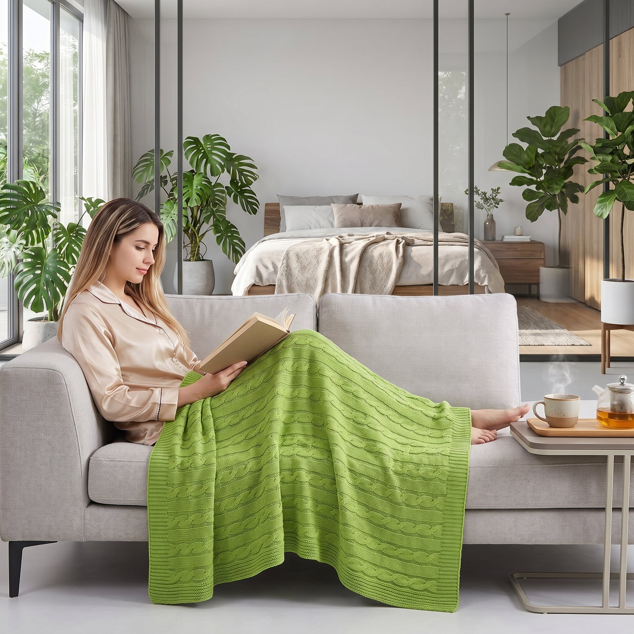 Woman relaxing on a sofa, covered with a vibrant green textured cable knit cotton throw blanket.