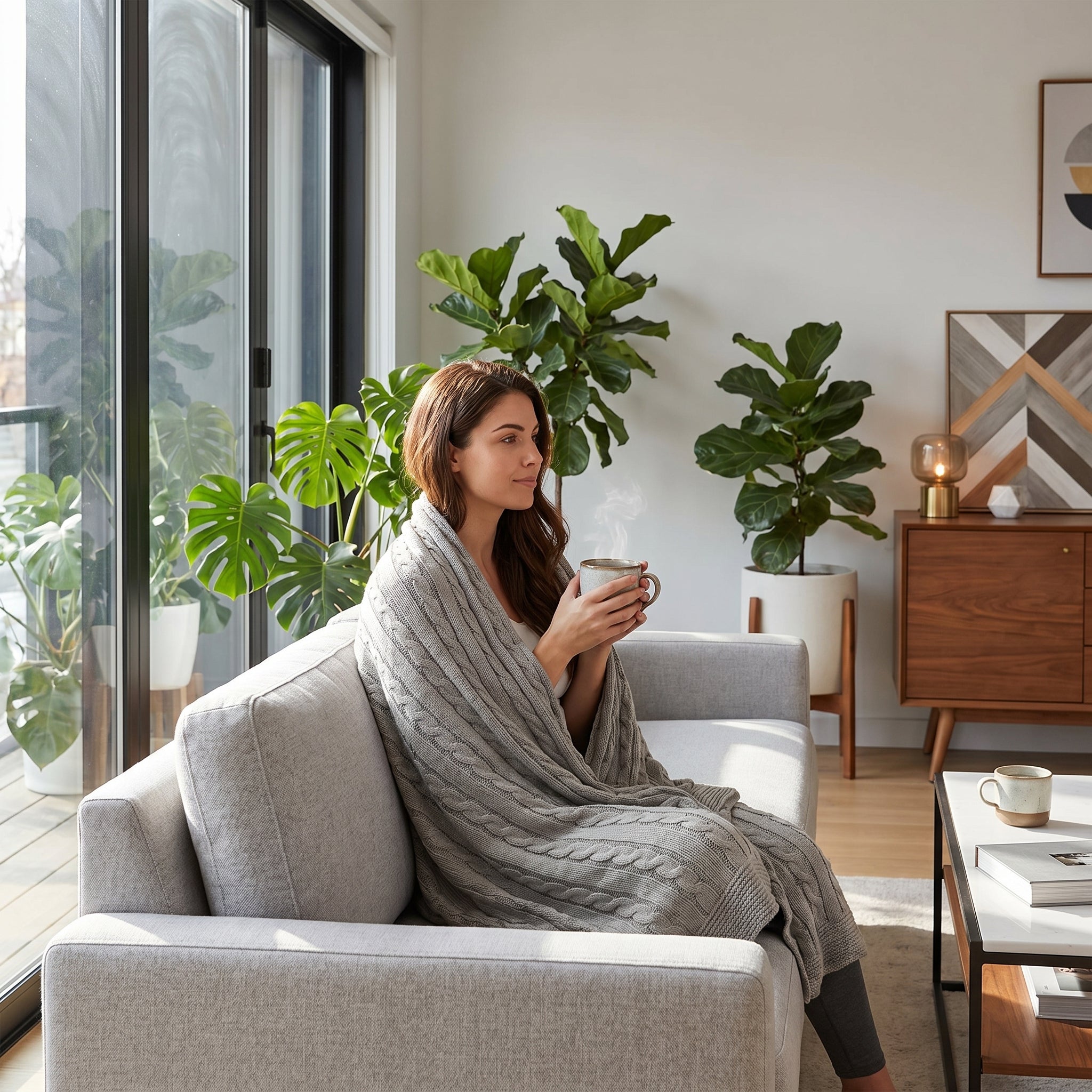 Woman wrapped in a gray textured cable knit cotton throw blanket, holding a steaming mug on a light gray sofa.