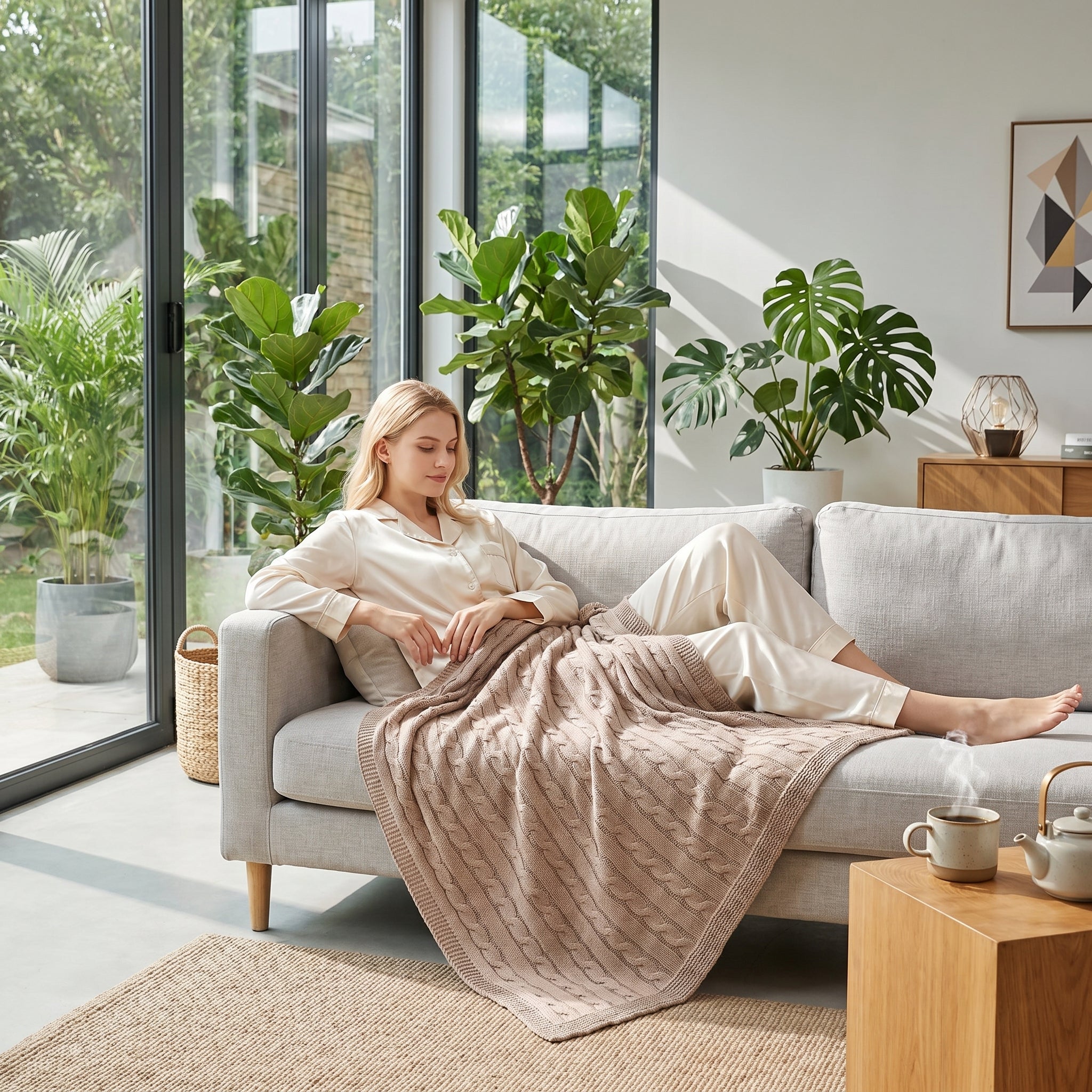 Blonde woman relaxing on a light gray sofa, covered by a soft, beige textured cable knit cotton throw blanket.