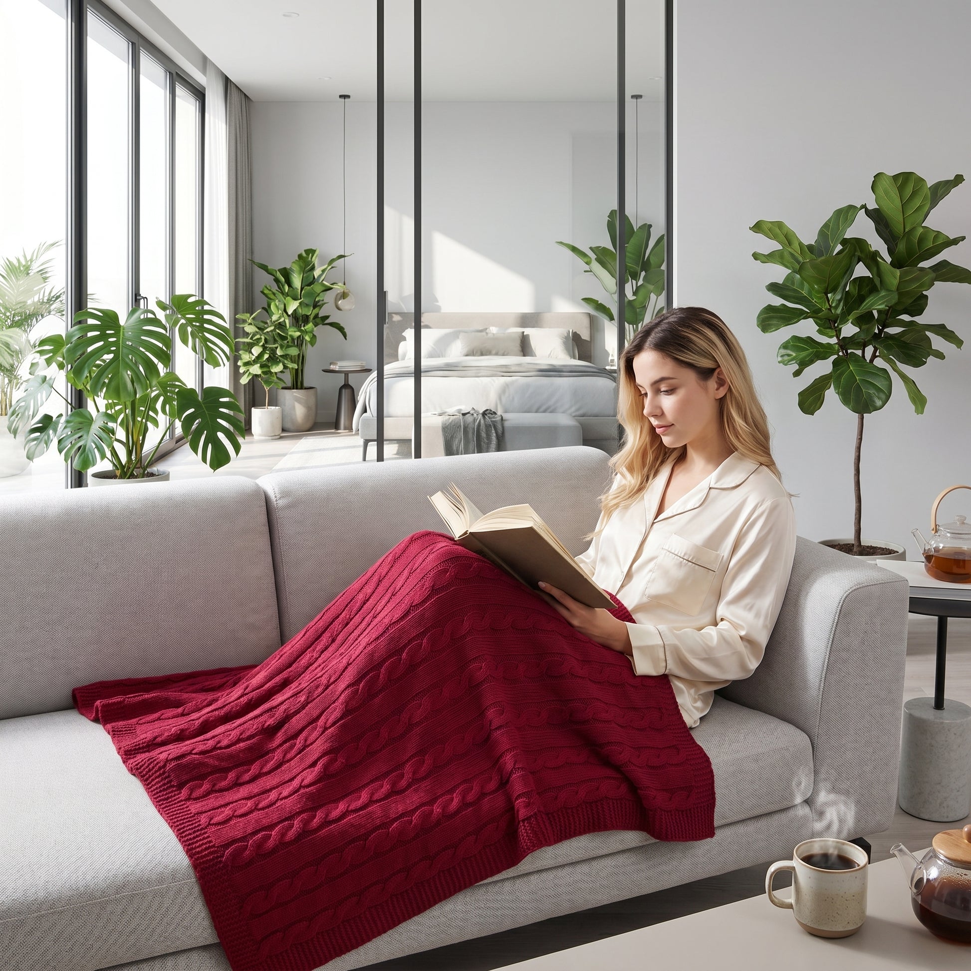 Woman in pajamas reading on a light gray sofa, covered by a red textured cable knit cotton throw blanket.