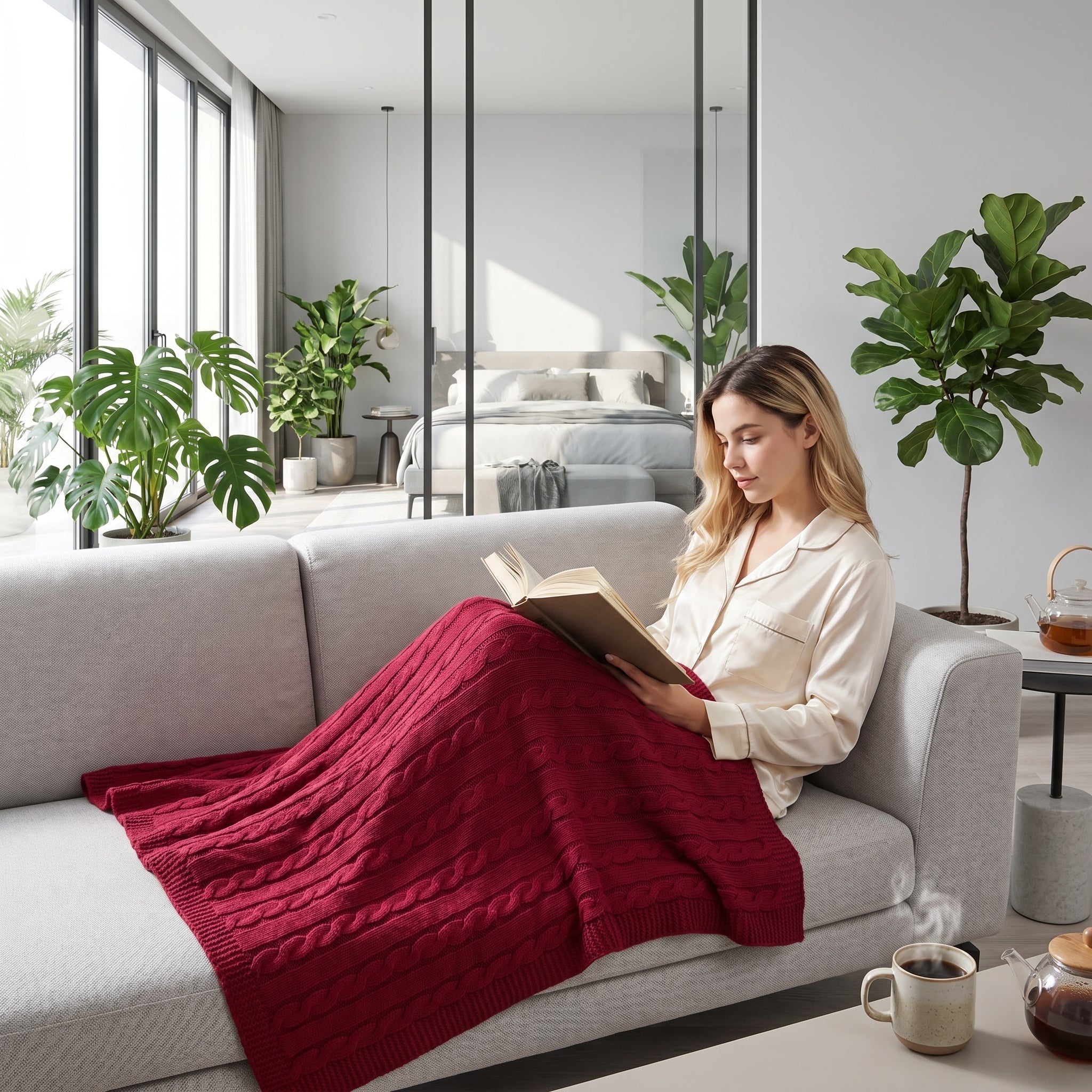 Woman in pajamas reading on a light gray sofa, covered by a red textured cable knit cotton throw blanket.