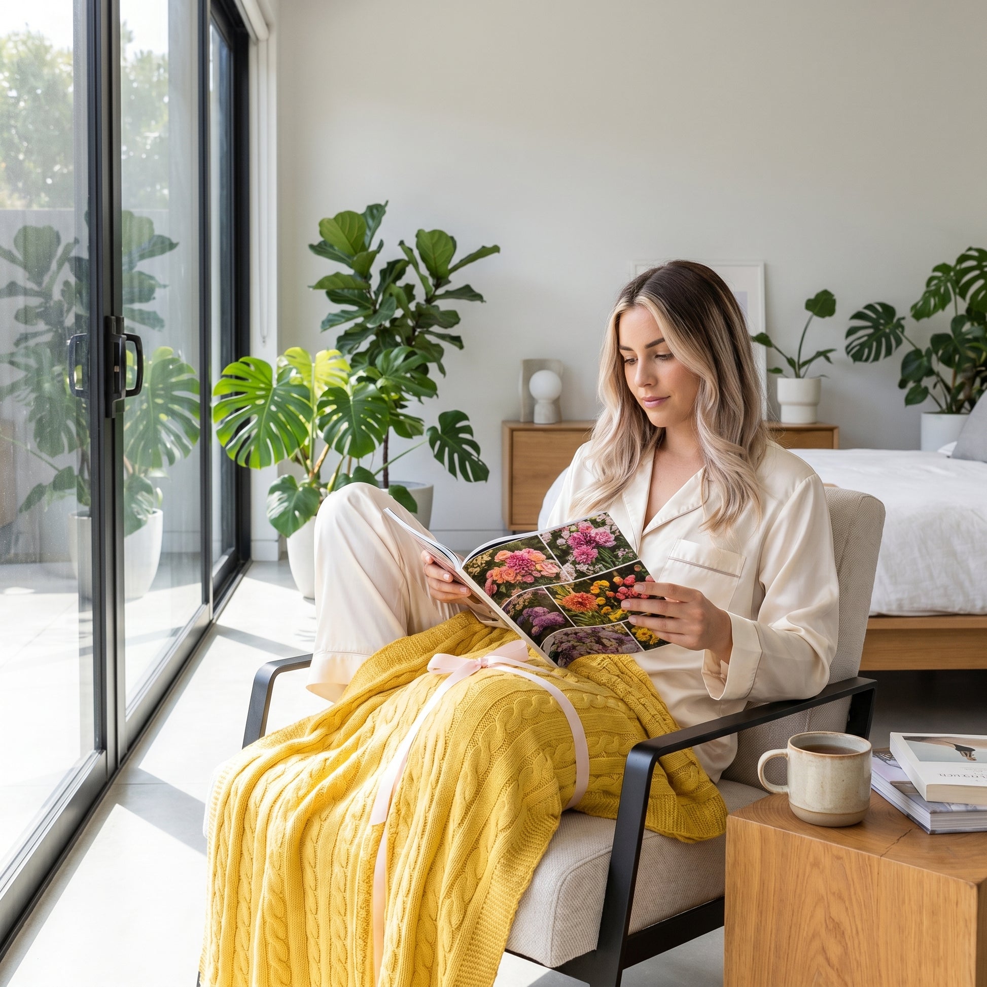 Woman in pajamas reading, draped with a bright yellow textured cable knit cotton throw blanket in a modern room.