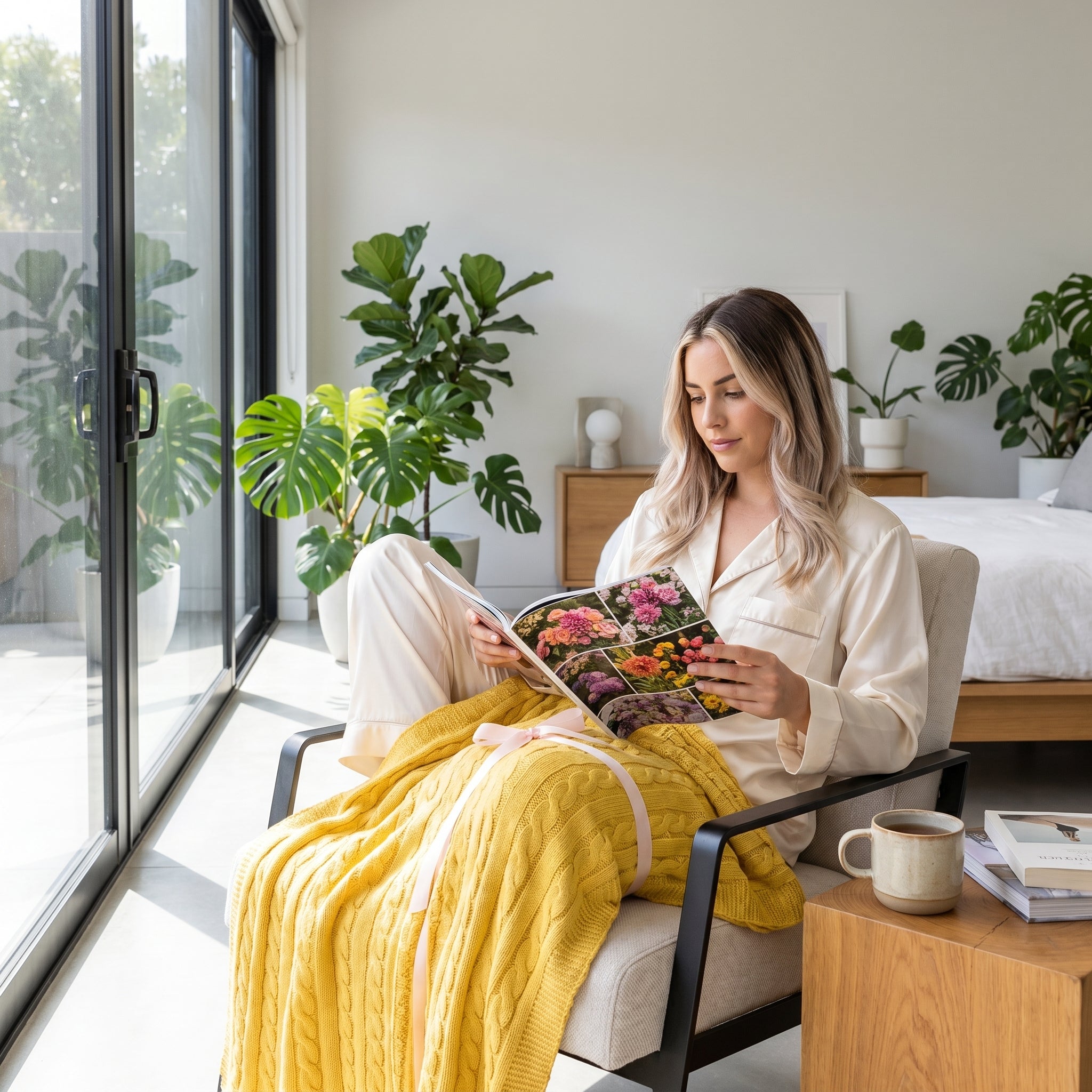 Woman in pajamas reading, draped with a bright yellow textured cable knit cotton throw blanket in a modern room.